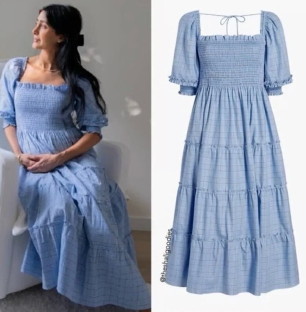 Hill House The Nesli Nap Blue Plaid Puff Sleeve Cottage Dress Size XS